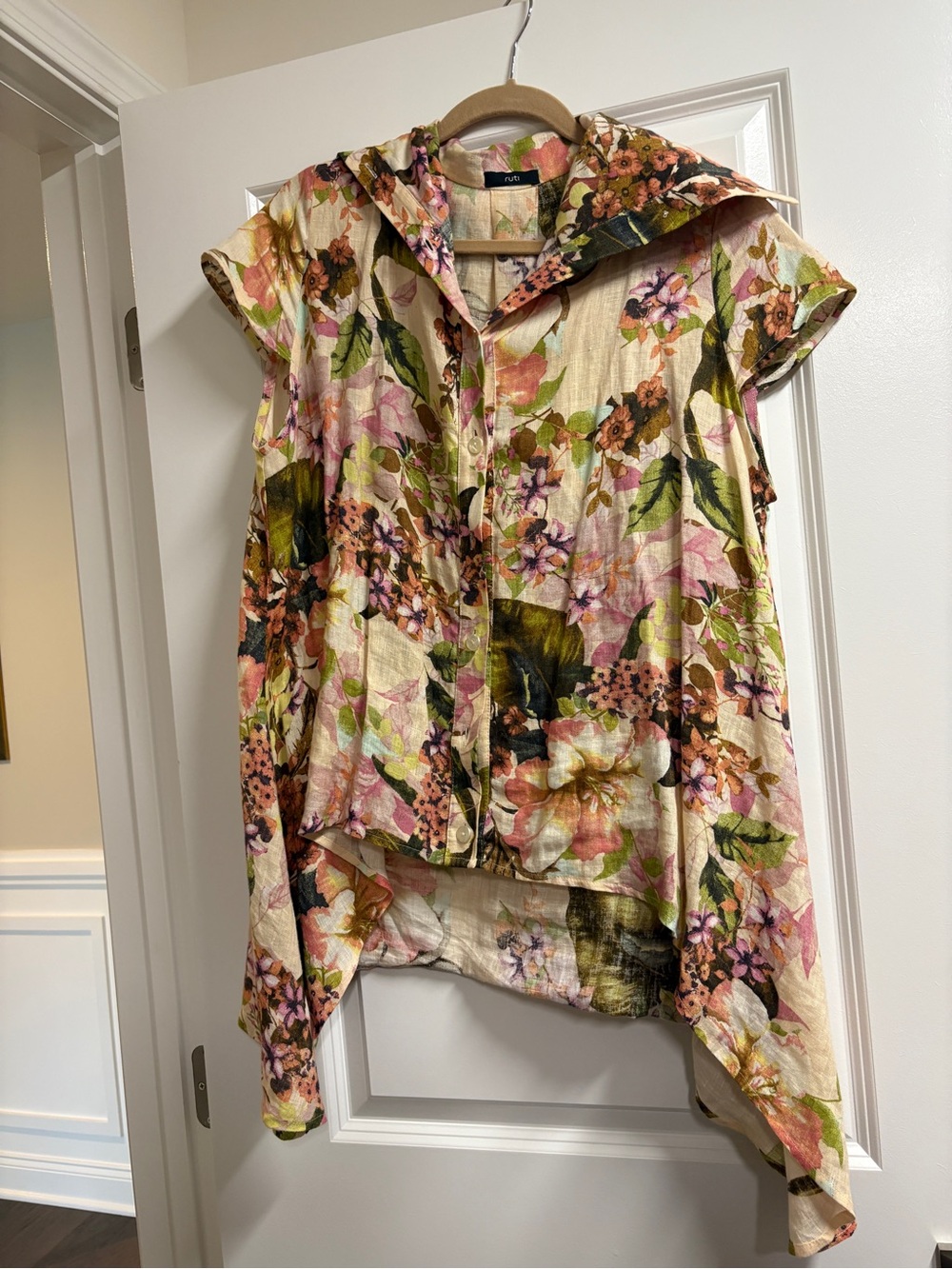 Floral Hooded Button-Front Women's Top - Cream Pink Green